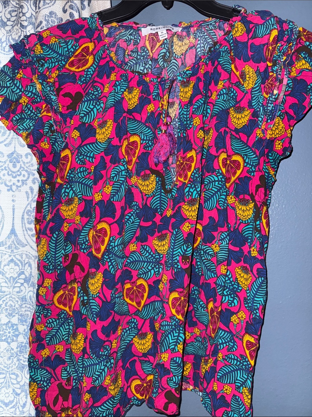 Rose & Olive Pink Teal Yellow Floral Tassel Blouse